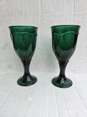 Pair Noritake Sweet Swirl Evergreen Green Wine Glass Goblet 6 3/4" Vintage